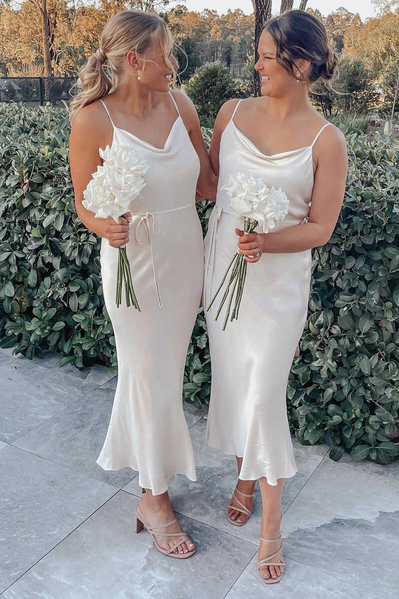 Champagne Satin Cowl Neck Mermaid Bridesmaid Dress