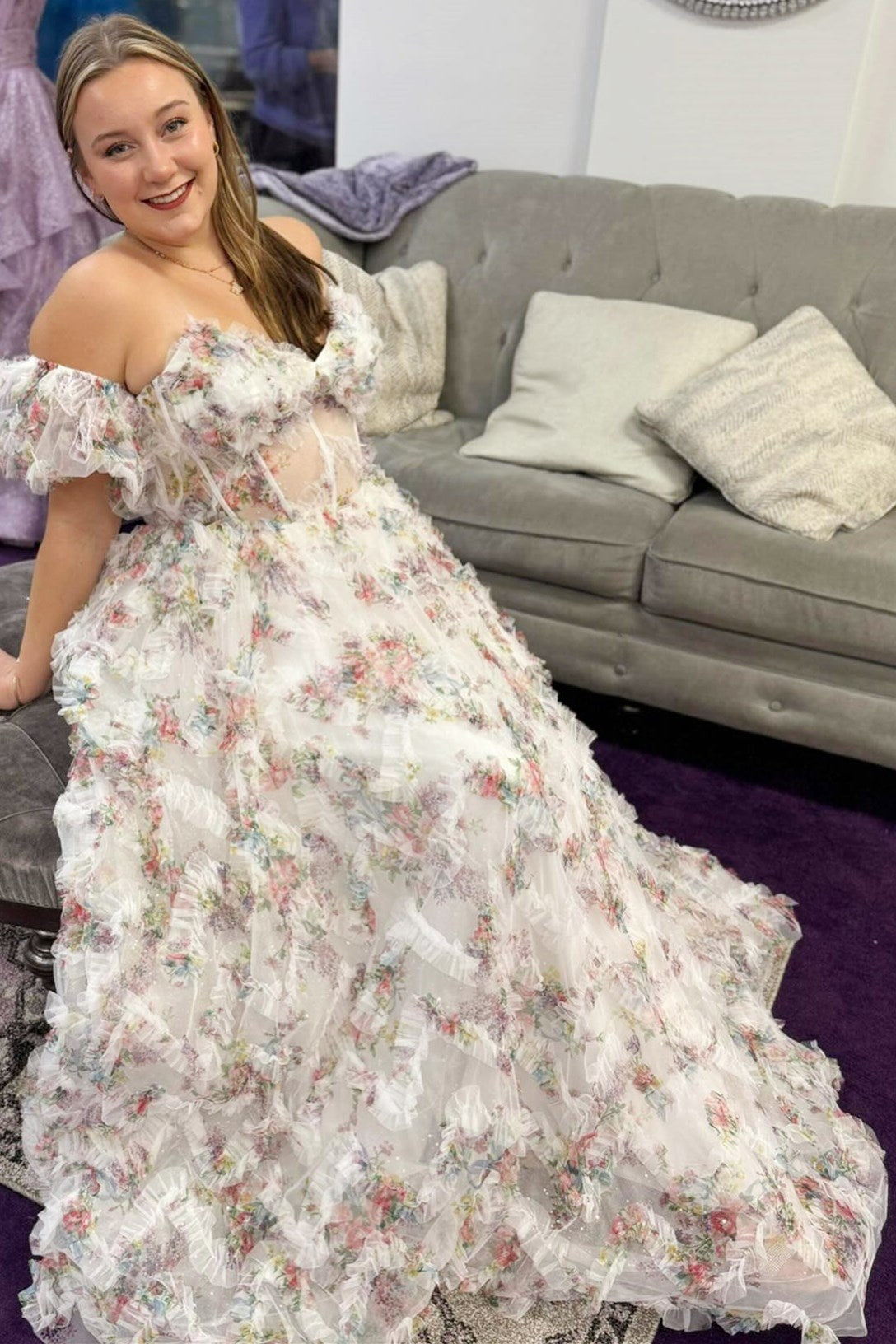 Bright Pink Print Puff Sleeve Ruffle Long Prom Dress