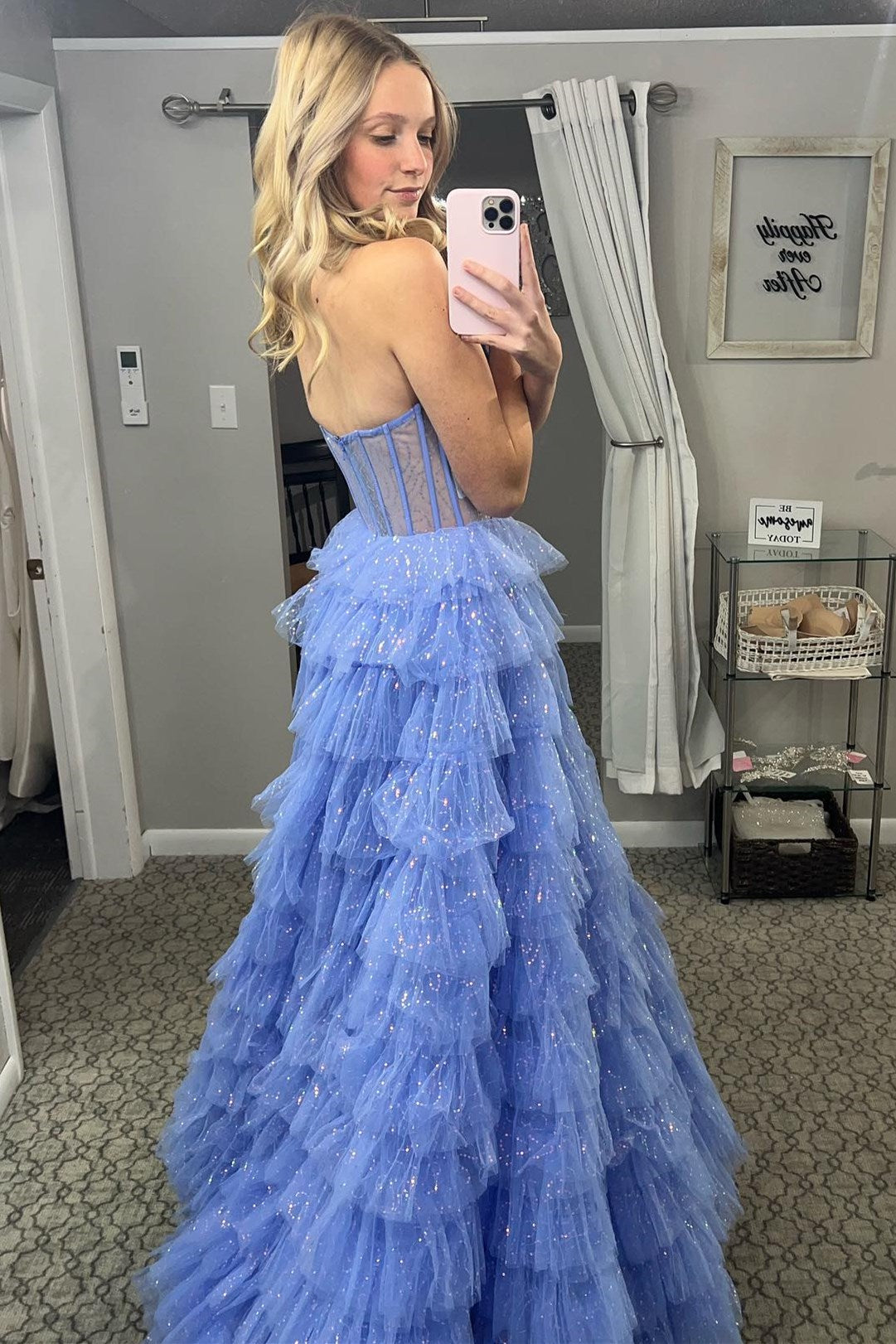 Pink Strapless Tulle Sequin A-Line Prom Gown