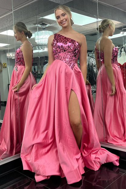 Blue Cut Glass Mirror One-Shoulder A-line Long Prom Dress