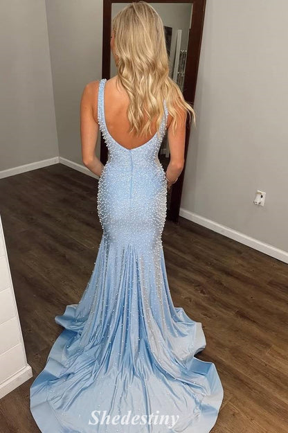 Cinderella Beads Light Blue V-Neck Mermaid Prom Dress