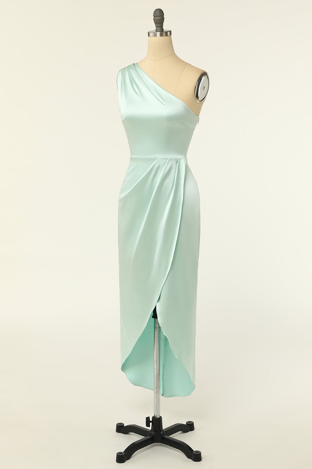 Mint Green Satin One-Shoulder Bridesmaid Dress