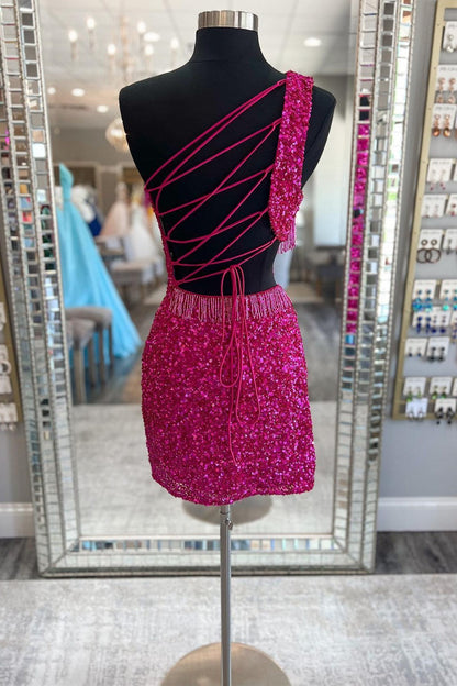 Fuchsia Sequin One-Shoulder Short Homecoming Dress with Fringe