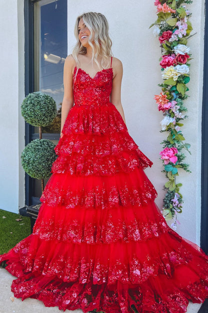 Black Tulle Sequin Tiered Long Gown with Spaghetti Straps
