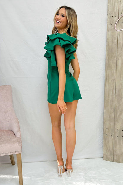 Green One Shoulder Ruffle Short Homecoming Romper
