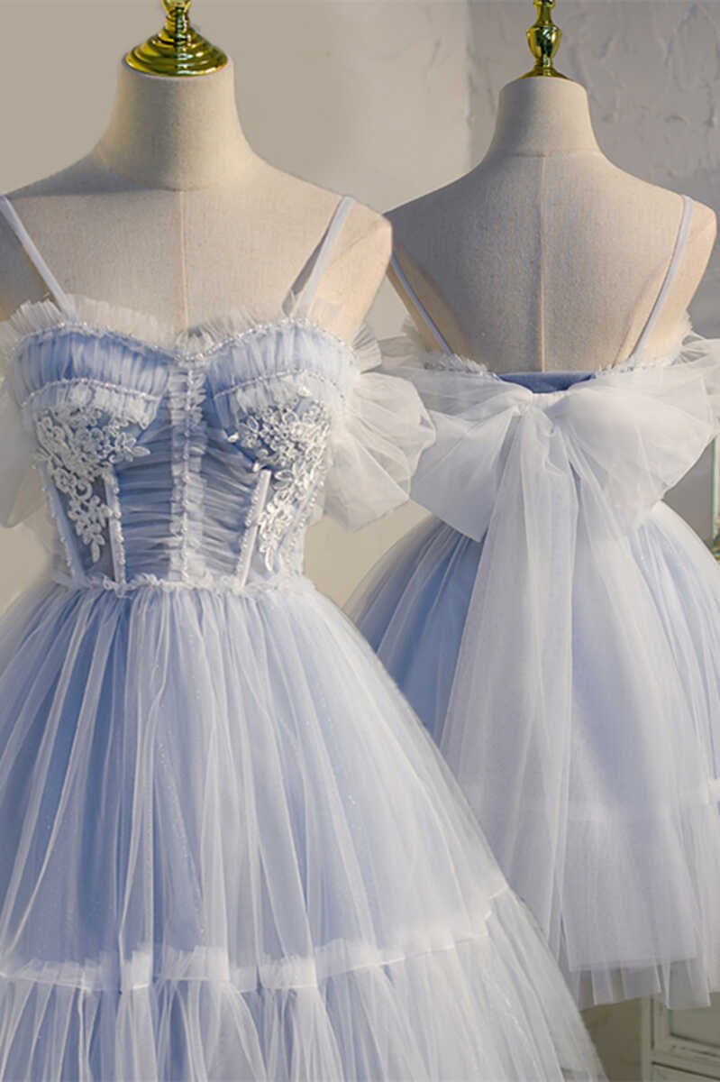 Dreamy Sky Blue Spaghetti Straps Bow-Back Short Party Dress