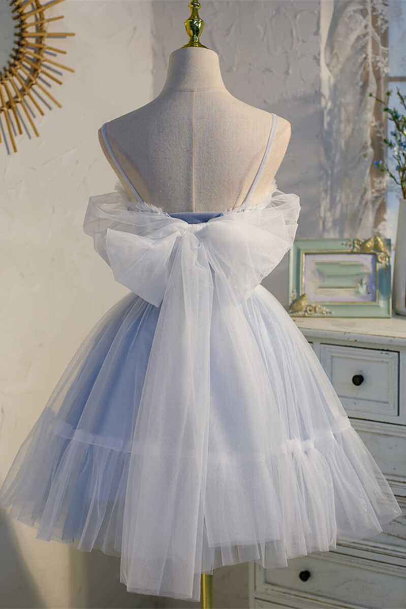 Dreamy Sky Blue Spaghetti Straps Bow-Back Short Party Dress