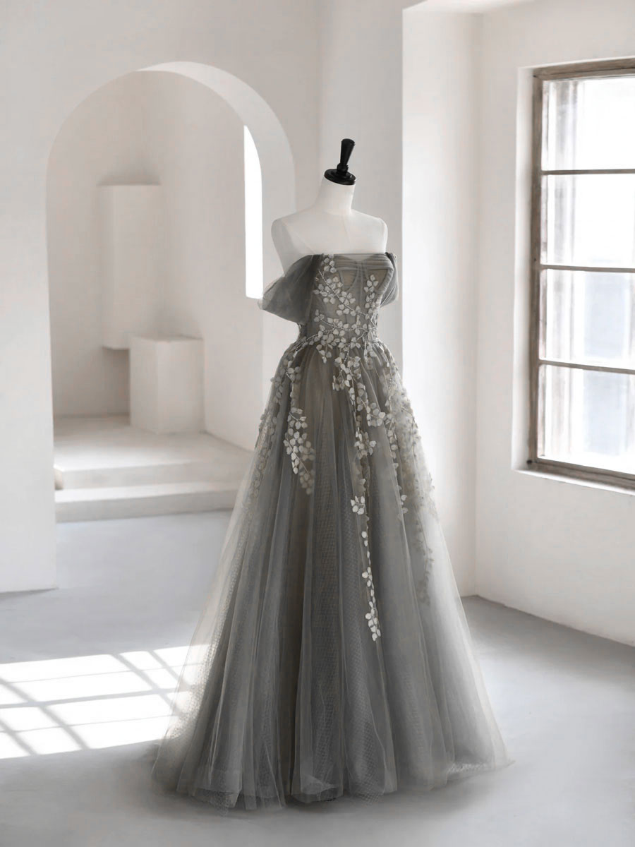 A-Line Off Shoulder Tulle Lace Gray Long Prom Dress, Gray Tulle Lace Formal Dress