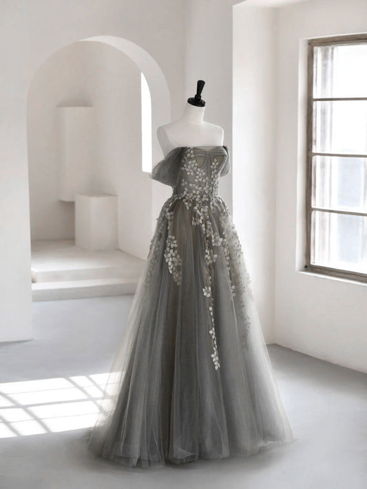 A-Line Off Shoulder Tulle Lace Gray Long Prom Dress, Gray Tulle Lace Formal Dress