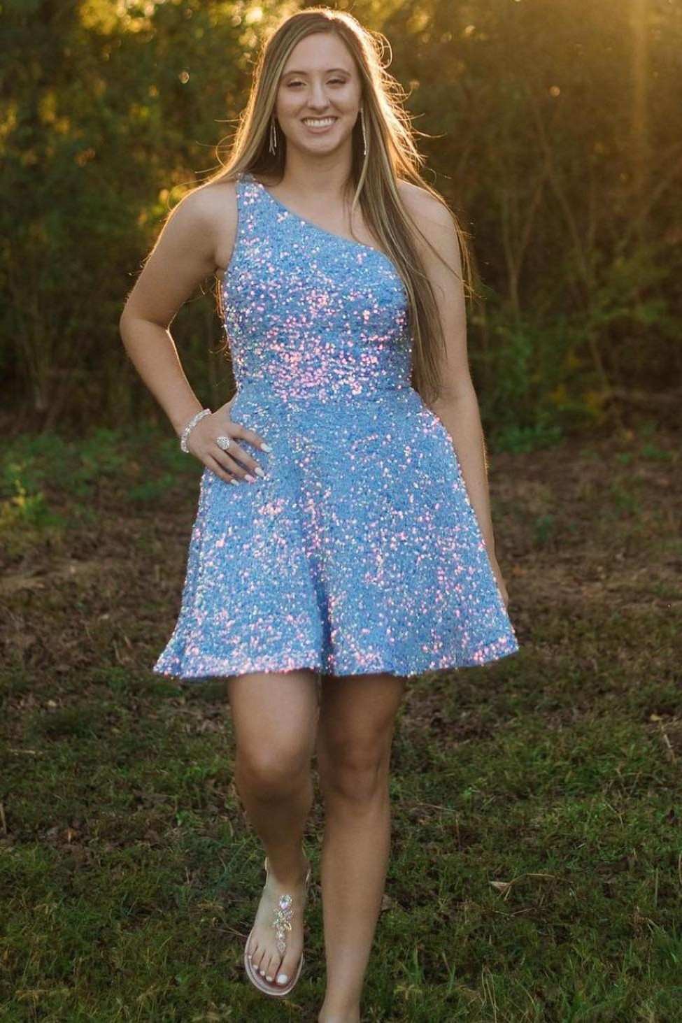 One-Shoulder Purple Sequins A-Line Short Homecoming Dress