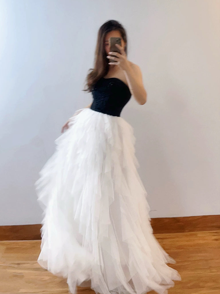 A-Line Sweetheart Neck Tulle White/Black Long Prom Dress, White/Black Long Fromal Dress