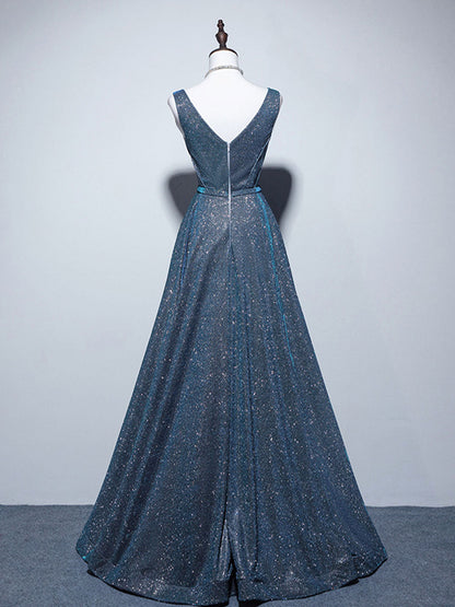 A-line V Neck Blue Long Prom Dress, Blue Formal Dresses