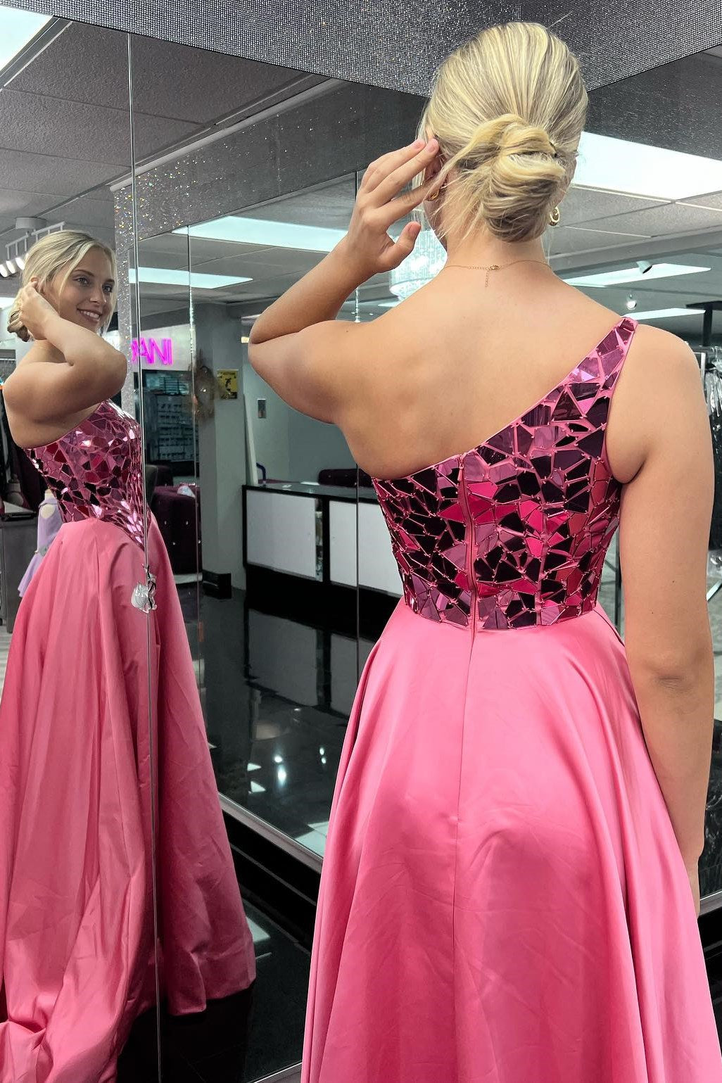 Blue Cut Glass Mirror One-Shoulder A-line Long Prom Dress