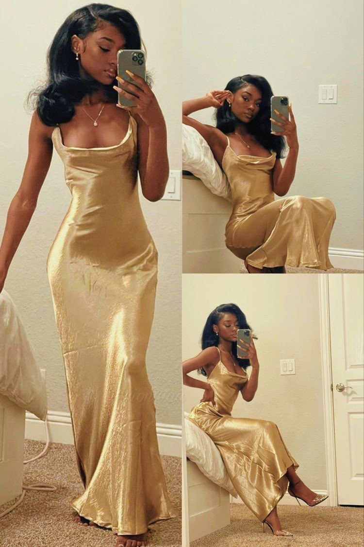Mermaid Spaghetti Straps Long Prom Dress Gold Charming Evening Dress Black Girls Prom Dress cc401