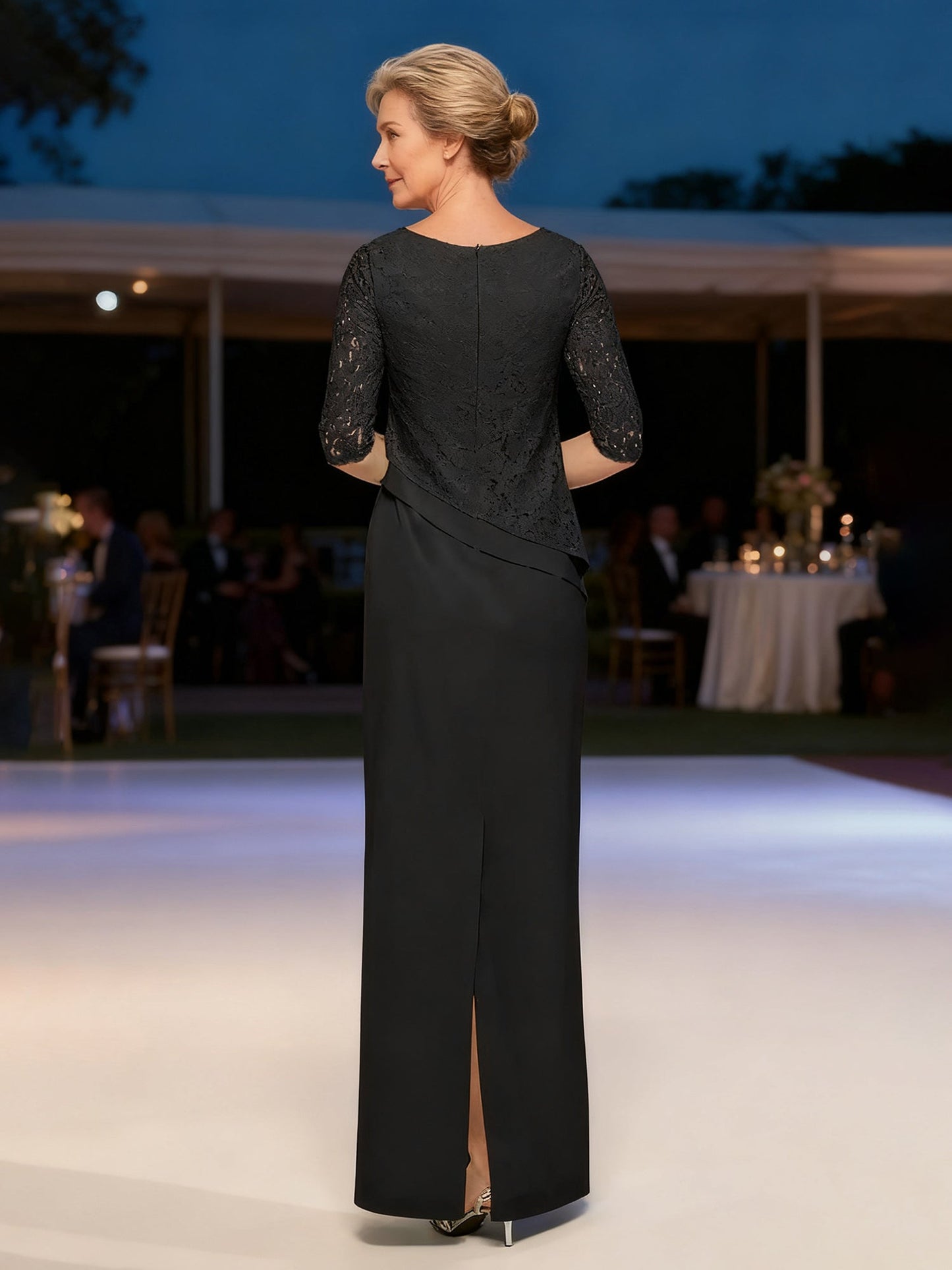 Lace Bodice Formal Gown Asymmetric Peplum Detail Maxi Black