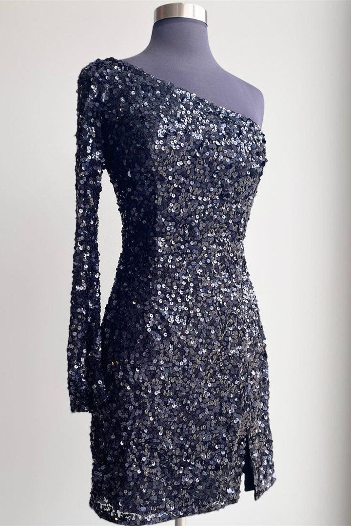 One Shoulder Sequined Homecoming Dress Hot Pink Long Sleeve