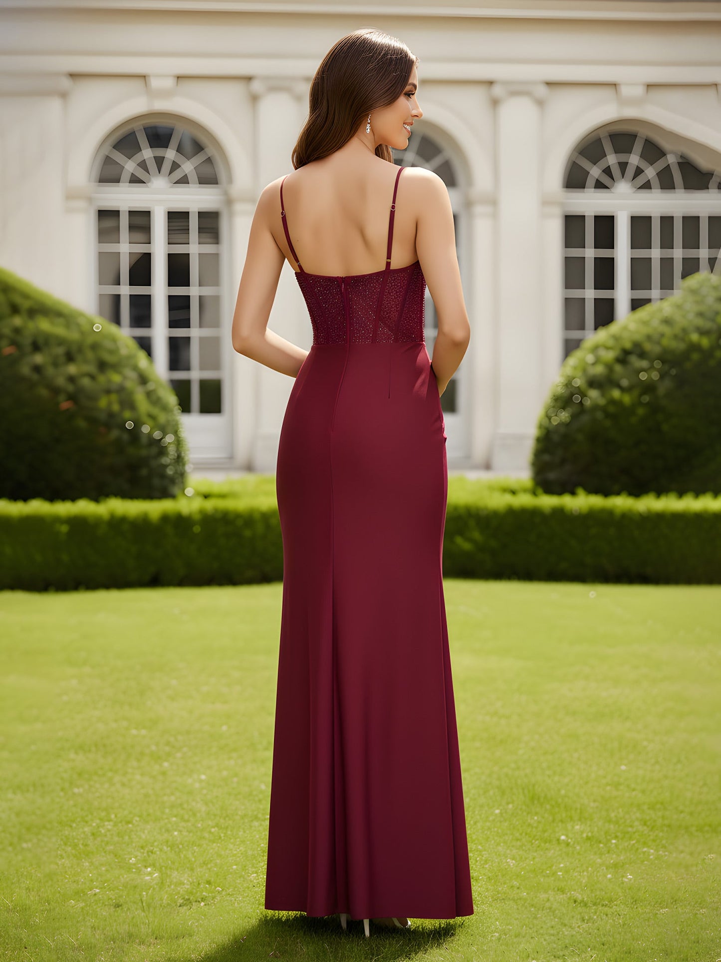 Spaghetti Strap High-Slit Column Dress Burgundy