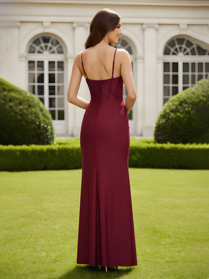 Spaghetti Strap High-Slit Column Dress Burgundy