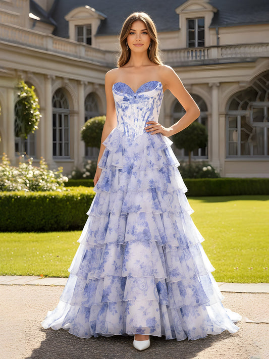 Boned Bodice Floral Printed Organza Dress