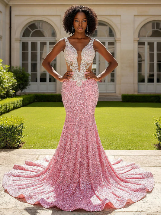 Illusion Cutout Trumpet Dress with Sweep Train Candy Pink