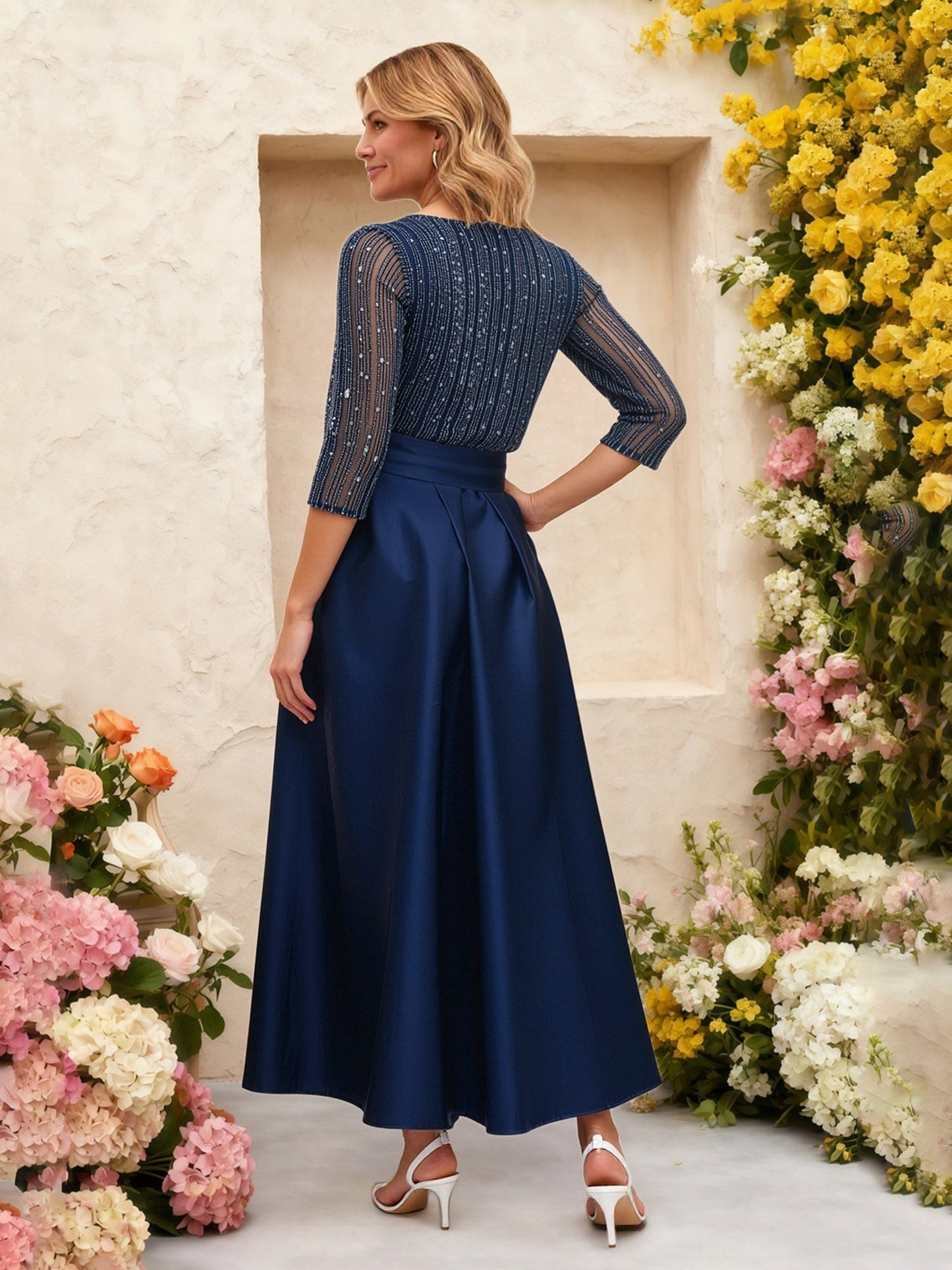 Beaded Bodice Midi Gown Satin Skirt Bow Belt Detail Dark Navy