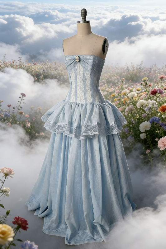 Light Blue Lace Strapless Ruffle Train Gown - Vintage Rococo Style Evening Dress gh6957