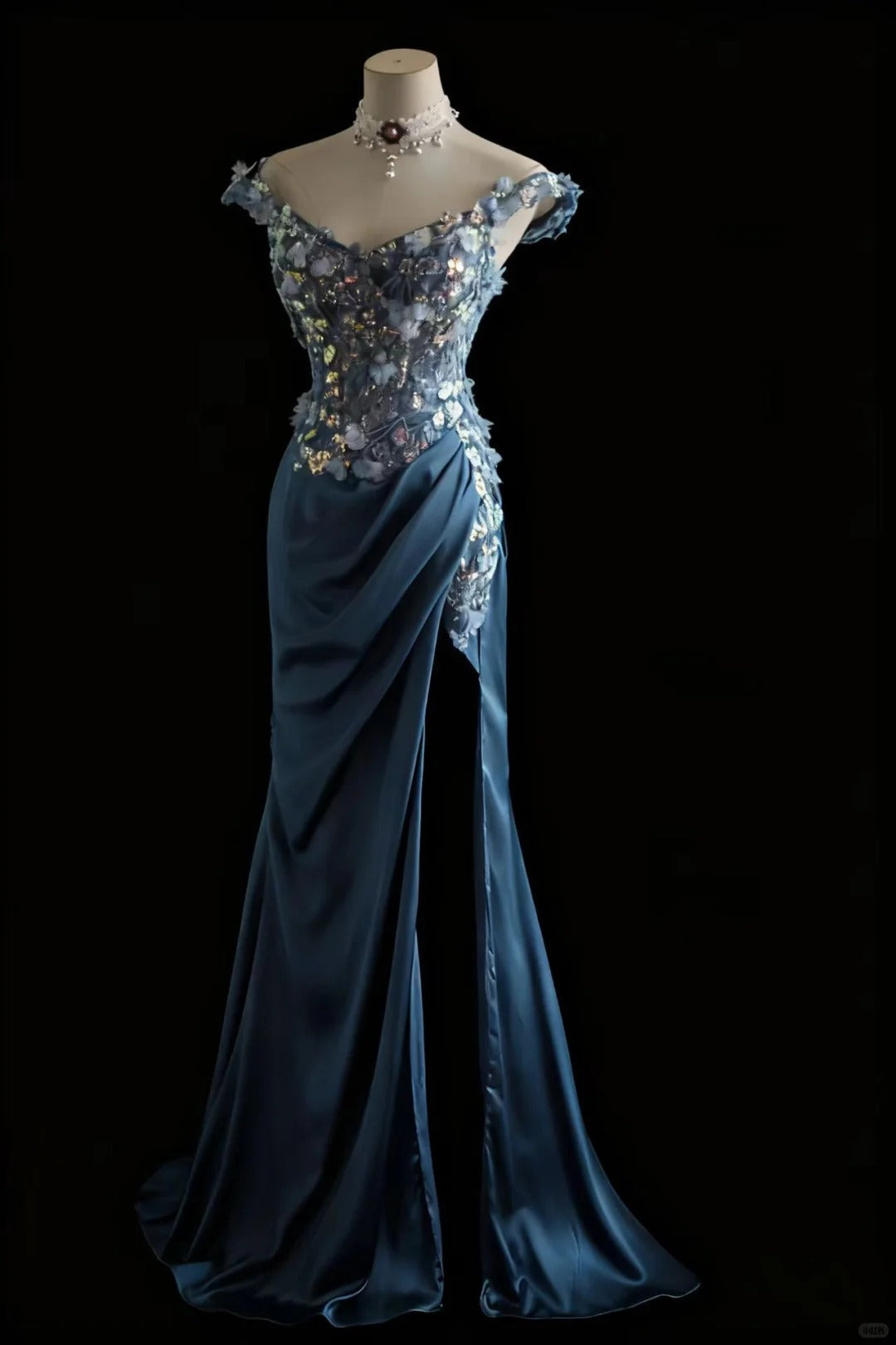 Gorgeous Blue Off-Shoulder Sequined 3D Floral Satin Long Prom Dress Evening Dress cc5358