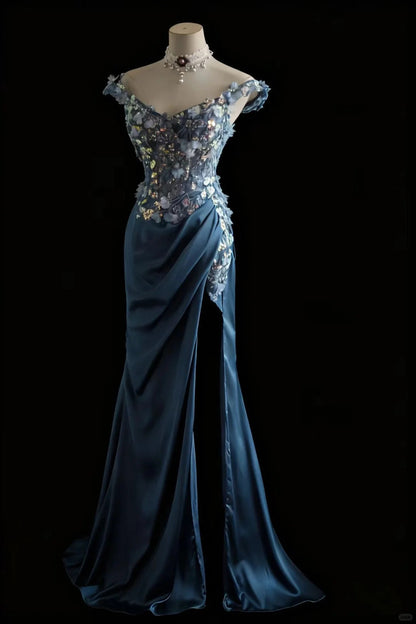 Gorgeous Blue Off-Shoulder Sequined 3D Floral Satin Long Prom Dress Evening Dress cc5358