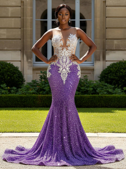 Beaded Illusion Bodice Sequin Mermaid Gown Grape