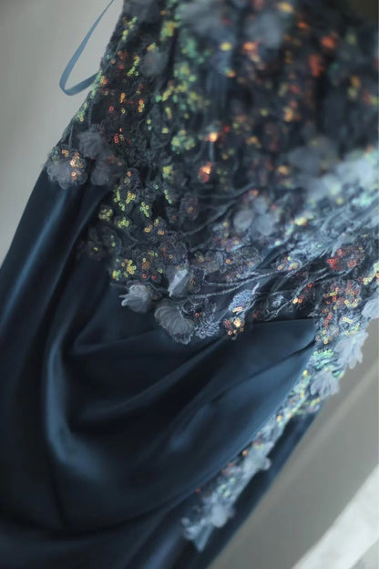 Gorgeous Blue Off-Shoulder Sequined 3D Floral Satin Long Prom Dress Evening Dress cc5358