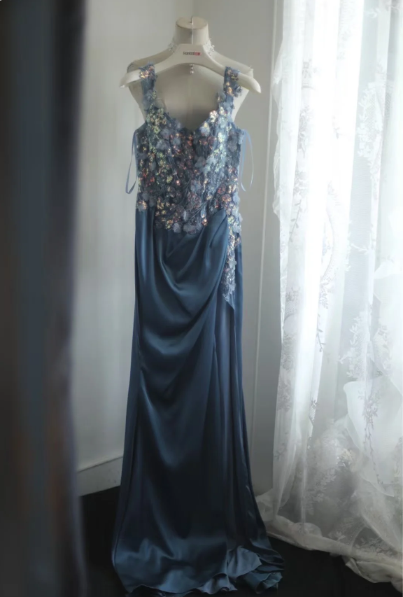 Gorgeous Blue Off-Shoulder Sequined 3D Floral Satin Long Prom Dress Evening Dress cc5358