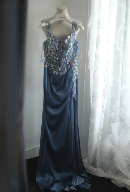 Gorgeous Blue Off-Shoulder Sequined 3D Floral Satin Long Prom Dress Evening Dress cc5358