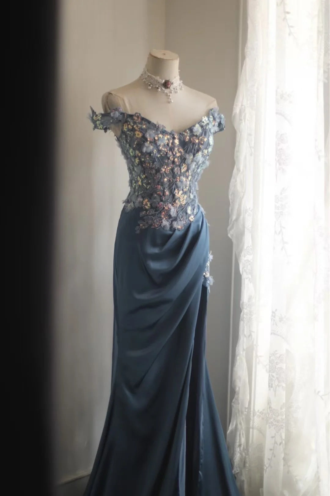 Gorgeous Blue Off-Shoulder Sequined 3D Floral Satin Long Prom Dress Evening Dress cc5358