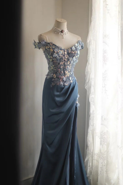 Gorgeous Blue Off-Shoulder Sequined 3D Floral Satin Long Prom Dress Evening Dress cc5358