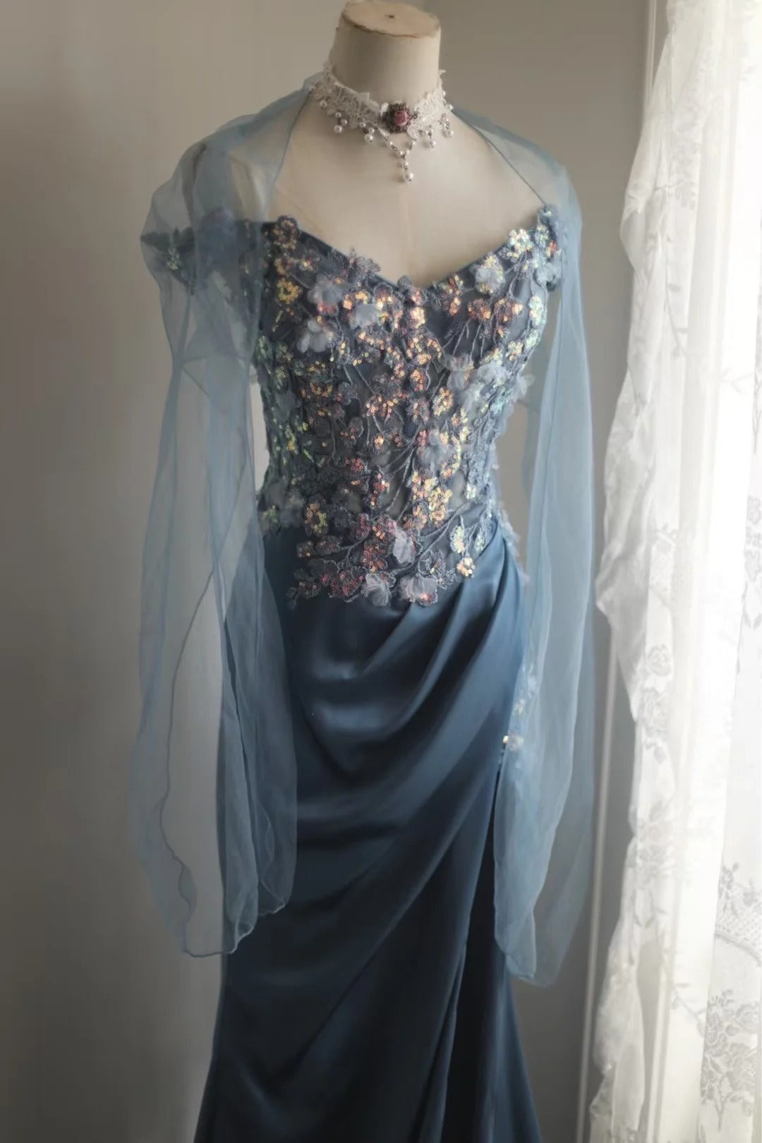 Gorgeous Blue Off-Shoulder Sequined 3D Floral Satin Long Prom Dress Evening Dress cc5358