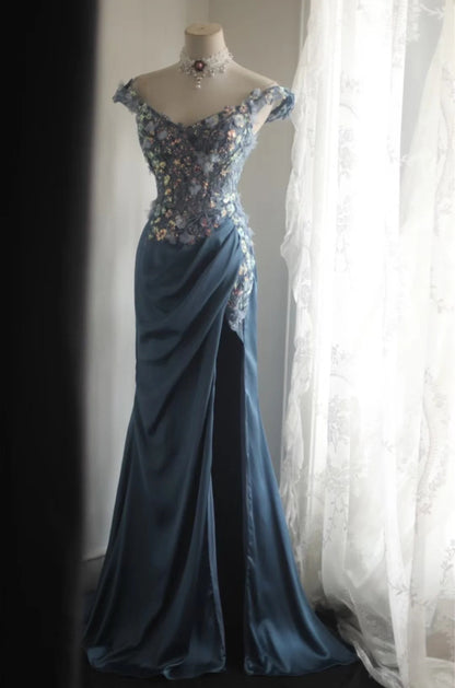 Gorgeous Blue Off-Shoulder Sequined 3D Floral Satin Long Prom Dress Evening Dress cc5358