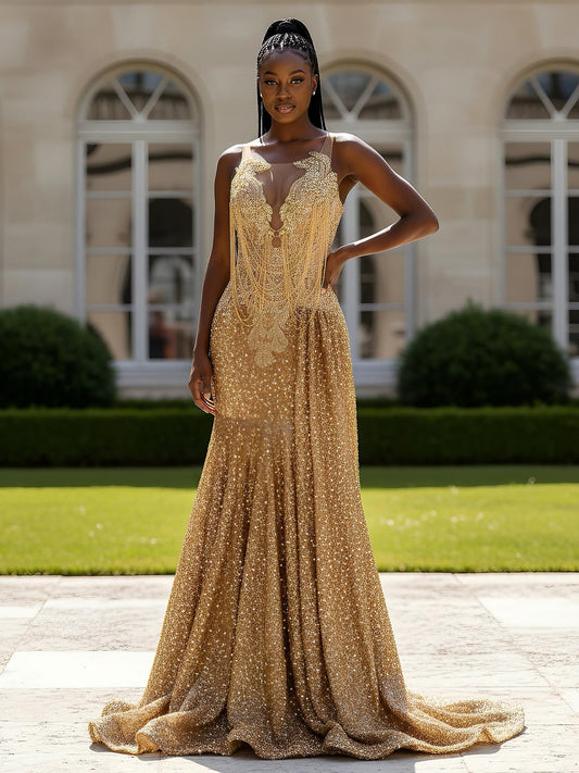 Fringe Beaded Illusion Bodice Mermaid Gown Gold