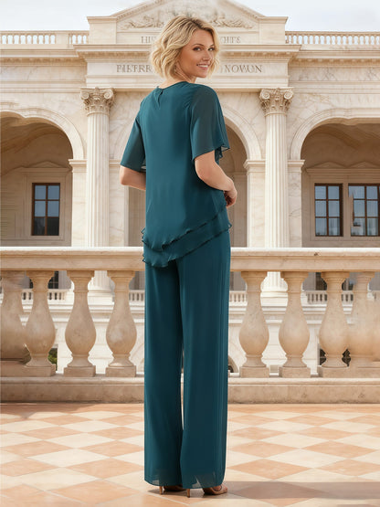 Layered Chiffon Pant Suit Beaded Trim Wide Leg Design Peacock