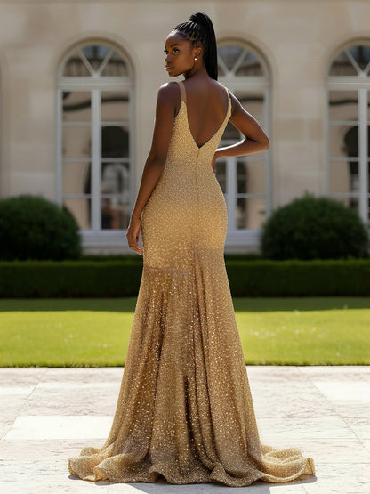 Fringe Beaded Illusion Bodice Mermaid Gown Gold