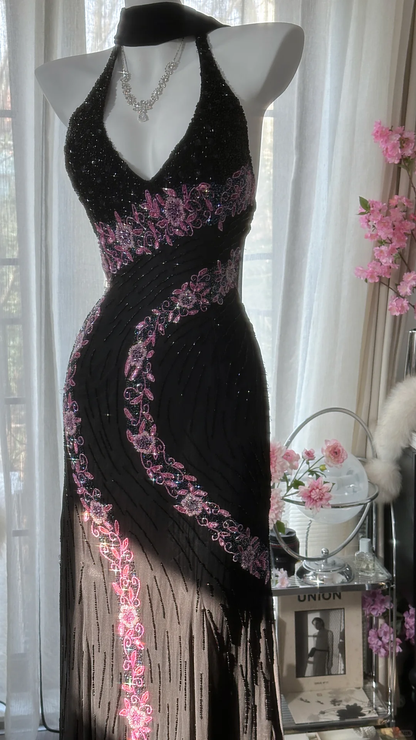 Retro Black V-neck Applique Design Romantic Chiffon Evening Dress Prom Dress HZ1024