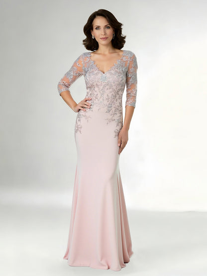V Neck Trumpet Silhouette Dress Floral Detail Evening Attire Pearl Pink