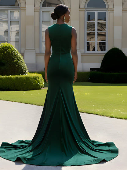 Embroidered Illusion Bodice Mermaid Gown Dark Green