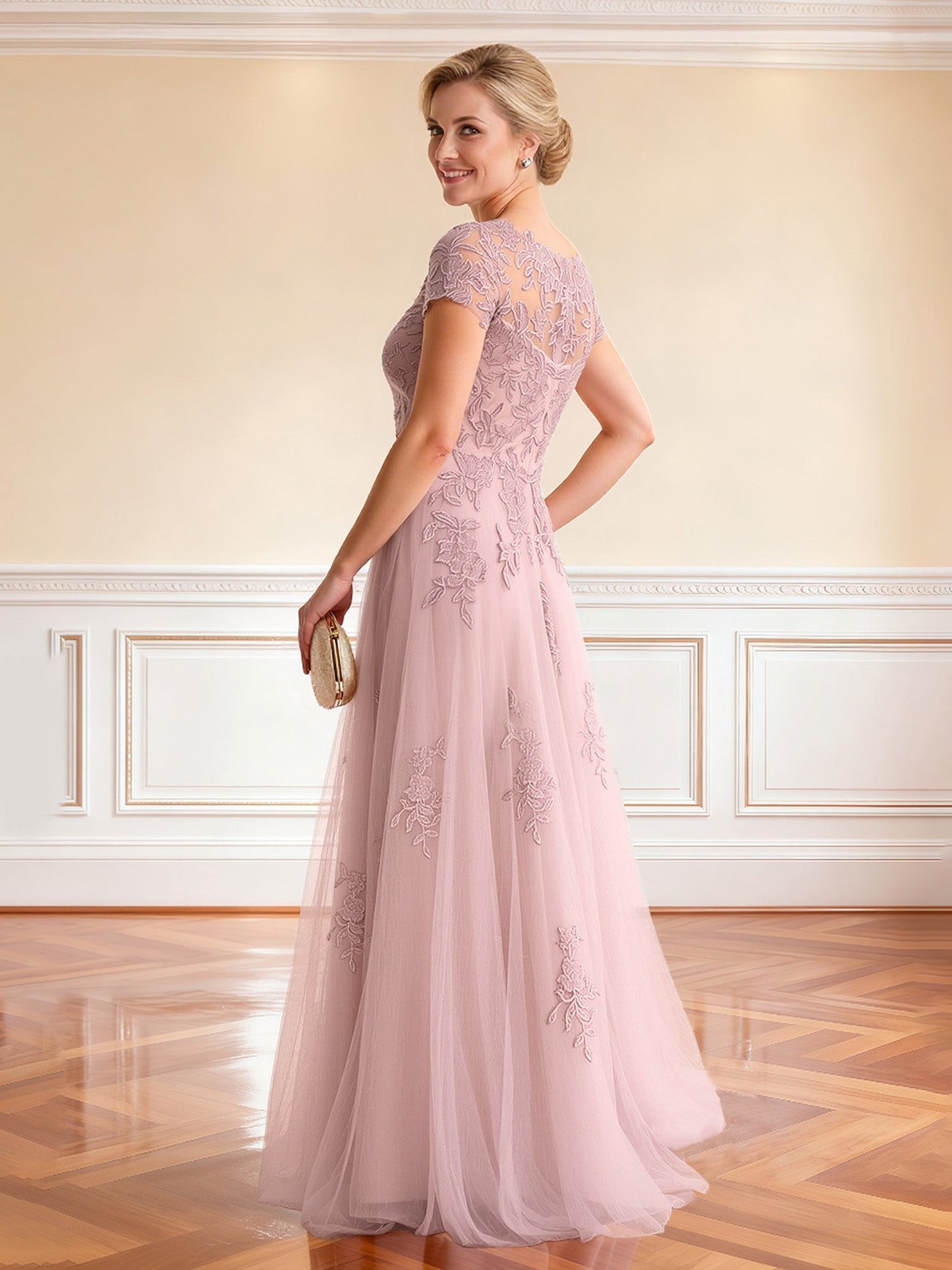 Embroidered Tulle Gown Illusion Neckline Cap Sleeve Maxi Dusty Rose