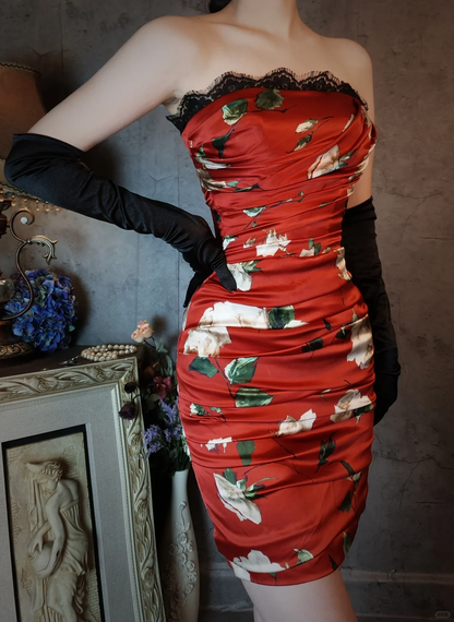 Vintage Red Floral Design Satin Strapless Romantic A-line Short Homecoming Dress HZ1024