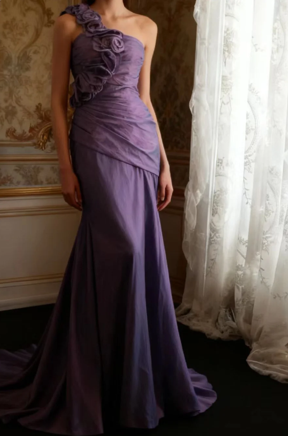 Retro Elegant Purple 3D Floral One-Shoulder Mermaid Satin Long Prom Dress Evening Dress cc5359