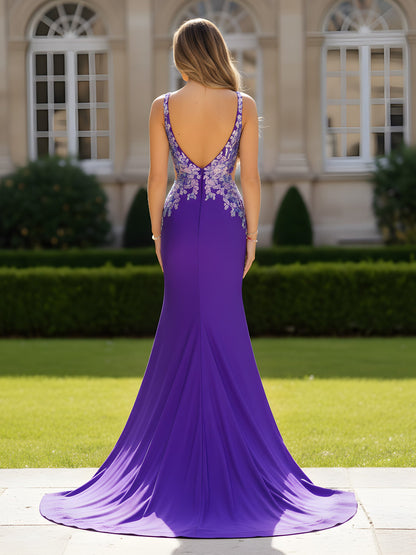Beaded Floral Bodice Mermaid Gown Plum