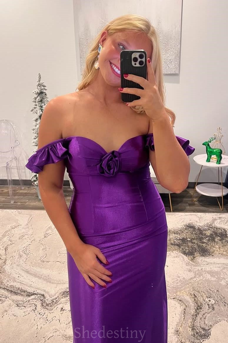 Elegant Off the Shoulder Purple Mermaid Long Prom Dress with Flower