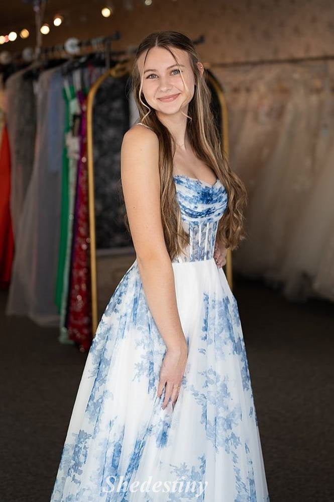 Spaghetti Straps Ligth Blue Floral Print A-Line Prom Dress