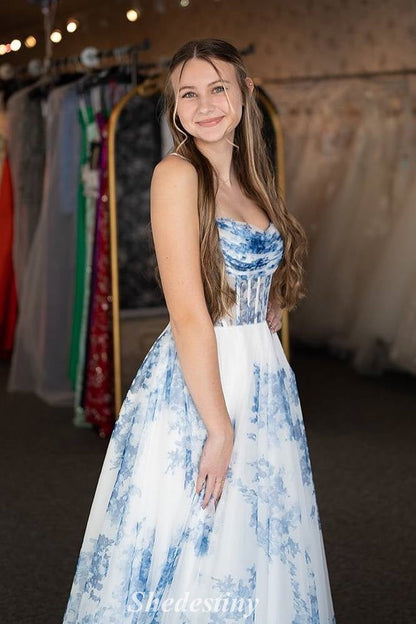 Spaghetti Straps Ligth Blue Floral Print A-Line Prom Dress