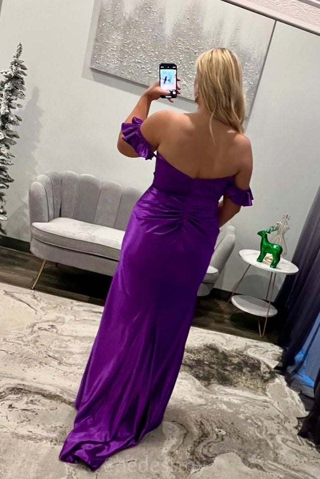 Elegant Off the Shoulder Purple Mermaid Long Prom Dress with Flower